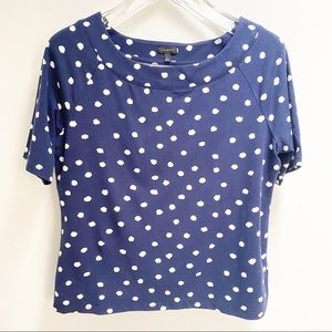 Talbots Top Navy Blue and White Polka Dots Size Large Short Sleeve Rayon Spandex